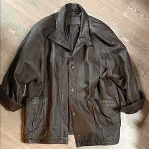 Vintage Women’s 80s 90s Chocolate Brown Leather Bomber Jacket Shoulder Detail